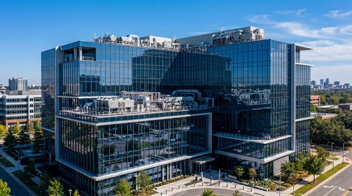 Edificio corporativo profesional con arquitectura moderna de vidrio y sistemas de climatización industrial en la azotea.