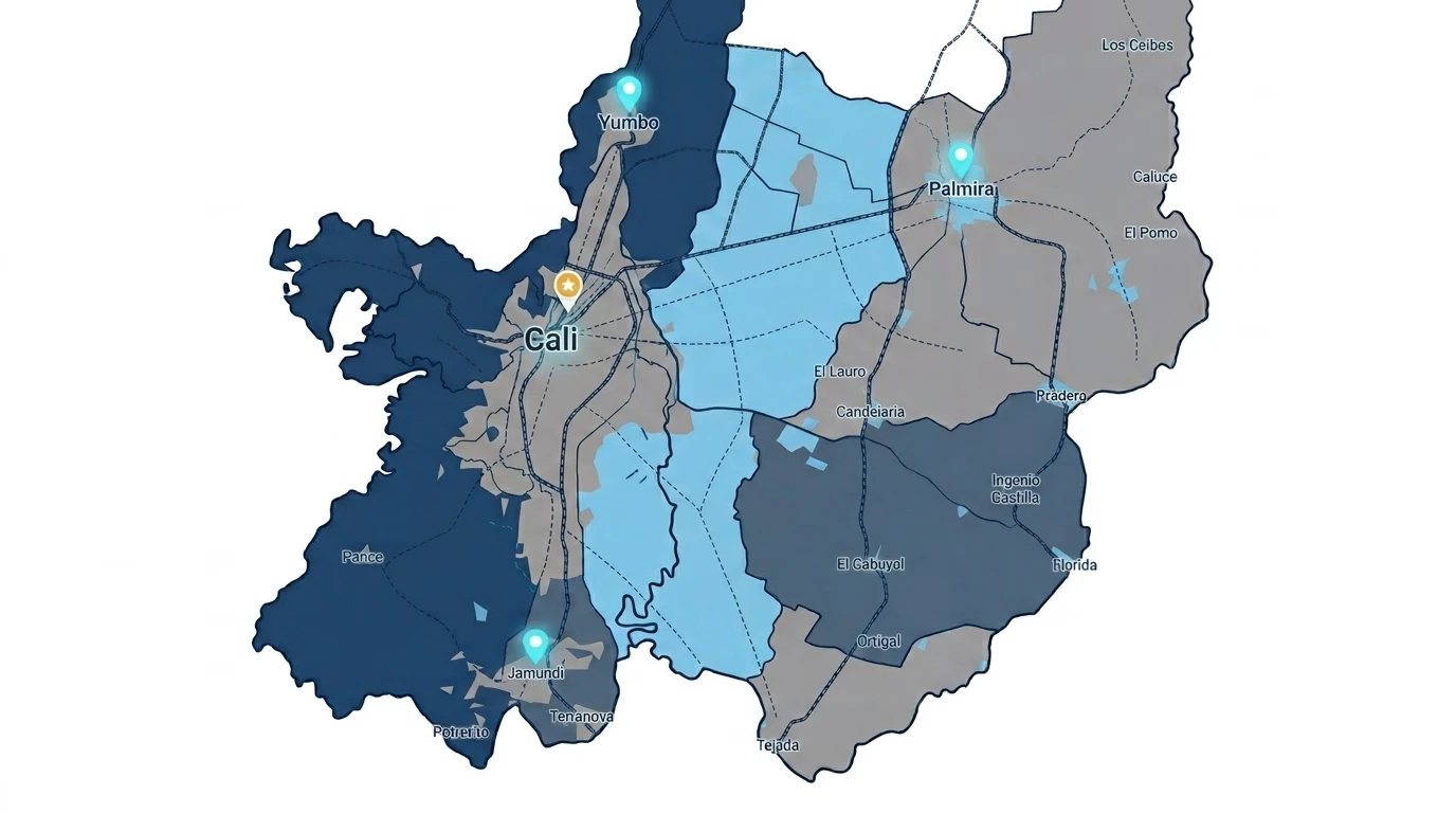 Un mapa ilustrado de Valle del Cauca, Colombia, que muestra la ubicación de Cali, Jamundí, Palmira, Yumbo y otras ciudades más pequeñas. El mapa está codificado por colores con tonos azules y grises para indicar diferentes áreas o zonas.