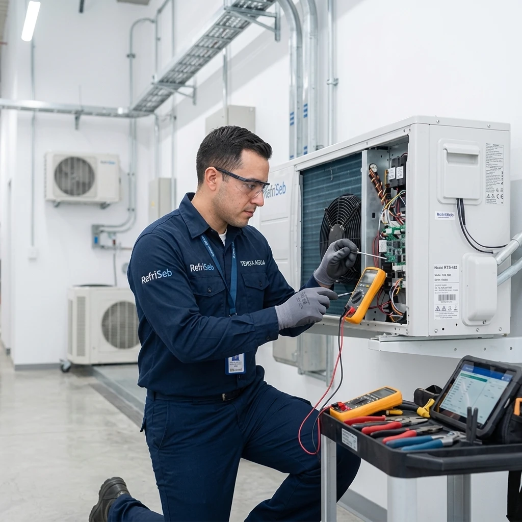 Técnico de RefriSeb revisando unidad de aire acondicionado
